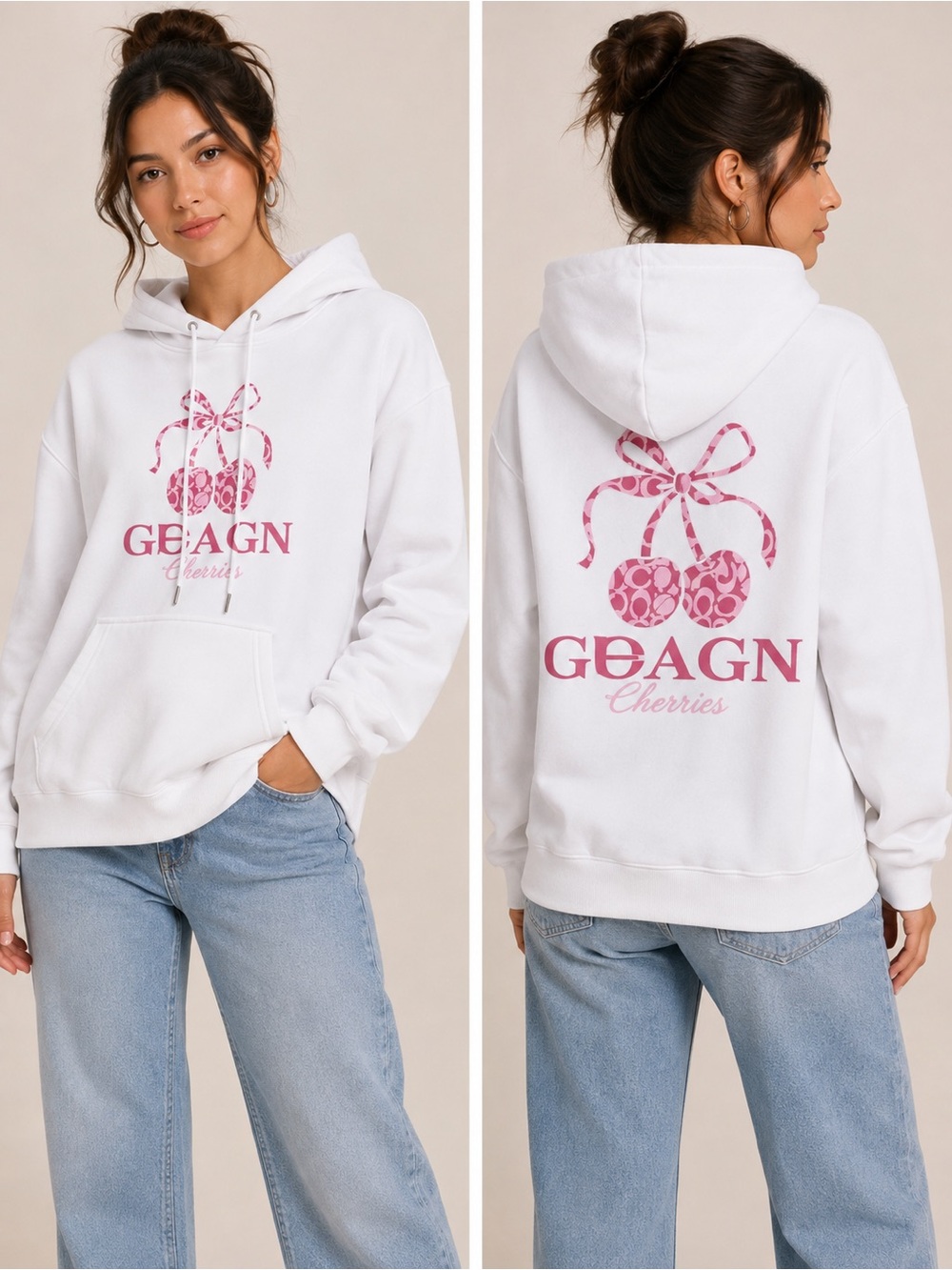 Geagn Cherries Graphic Hoodie White Pink Oversized Pullover Size L Y2K
